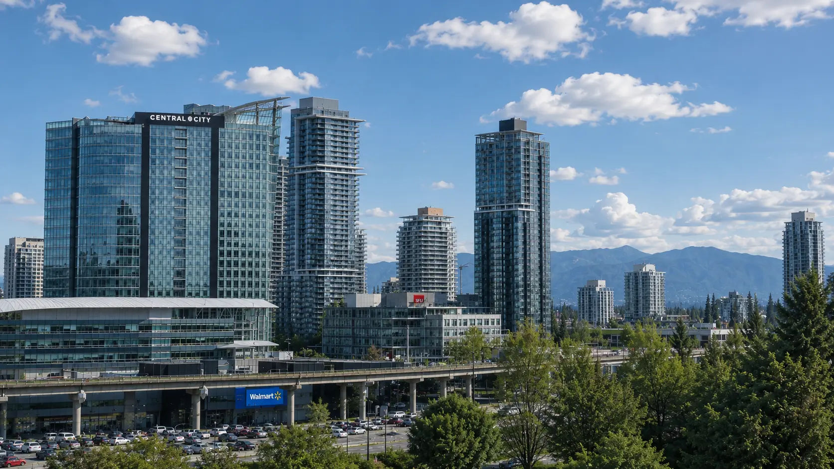 Surrey, BC skyline on a clear day with the Coast Mountains beyond